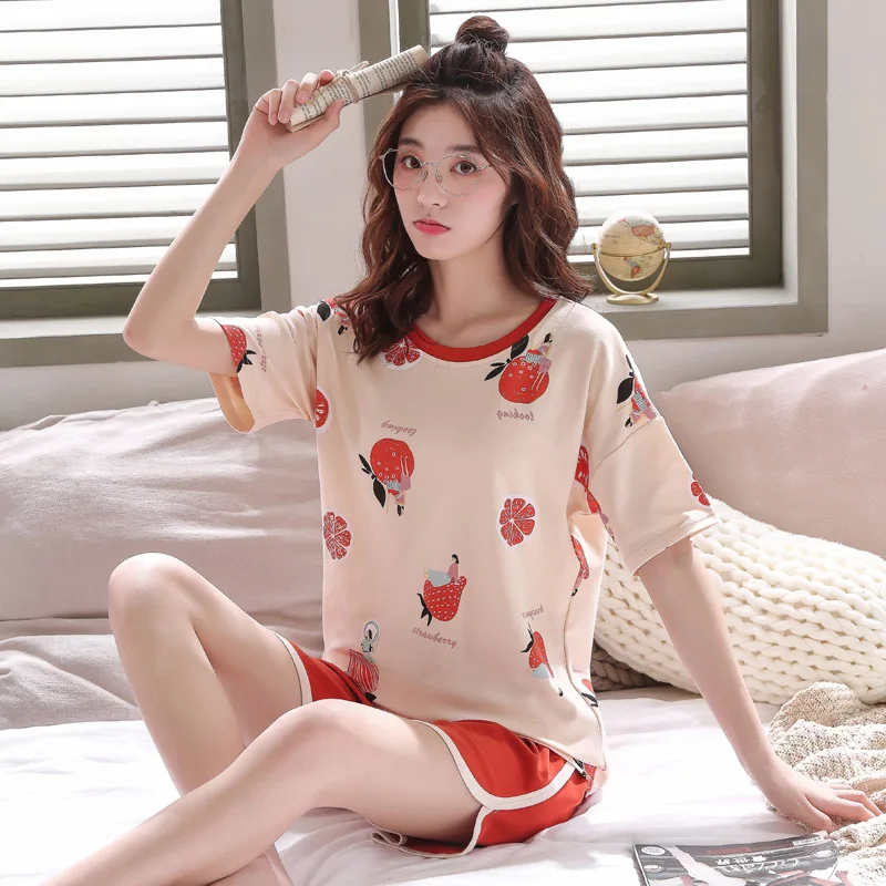 

Strawberry print short pajamas women set 2 in 1 cotton pyjamas woman lovely loungewear set female nightwear 2019 PHOENTIN FG037