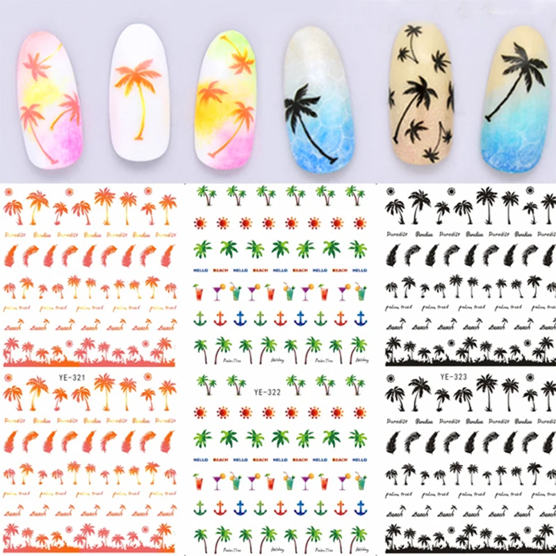 1 Sheet Feather Nail Water Decals Coconut Tree Summer Style Transfer Stickers Nail Art Sticker Tattoo Decals