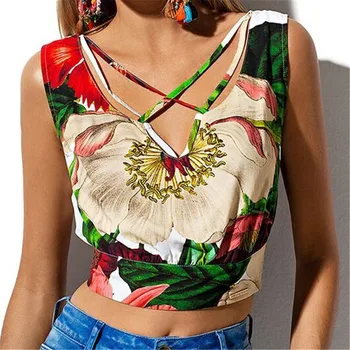 

Women Casual Cold Shoulder Flower Printed Bandage Cross Hollow Shirt Blouse Summer Sleeveless Vest Crop Top T-Shirt
