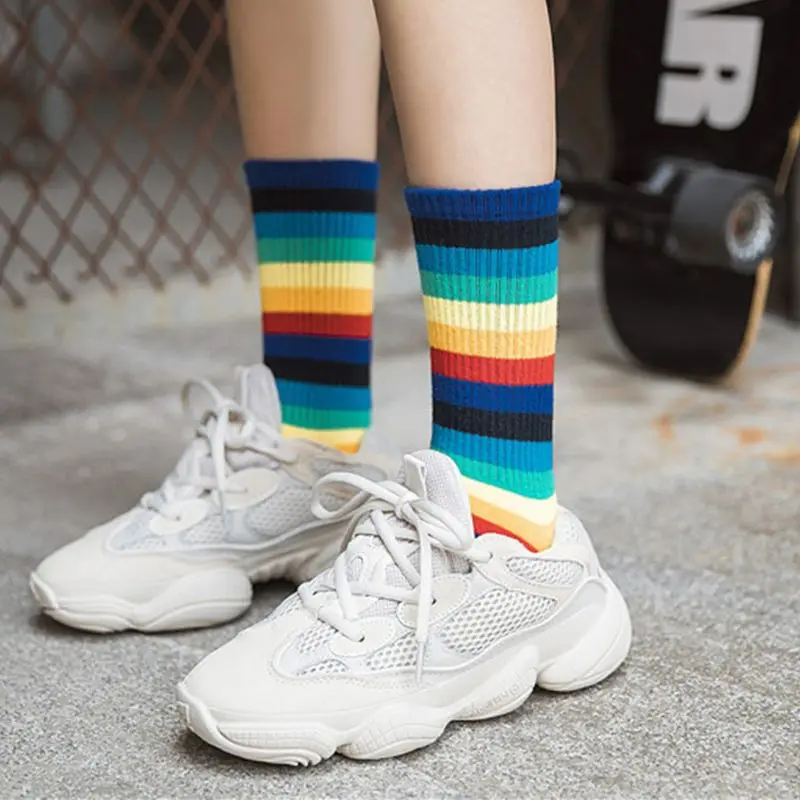 Унисекс, вертикальные ребристые трикотажные носки до середины икры, хлопковые носки с принтом в виде полос радуги, свободные Чулочные изделия, уличная одежда в стиле хип-хоп