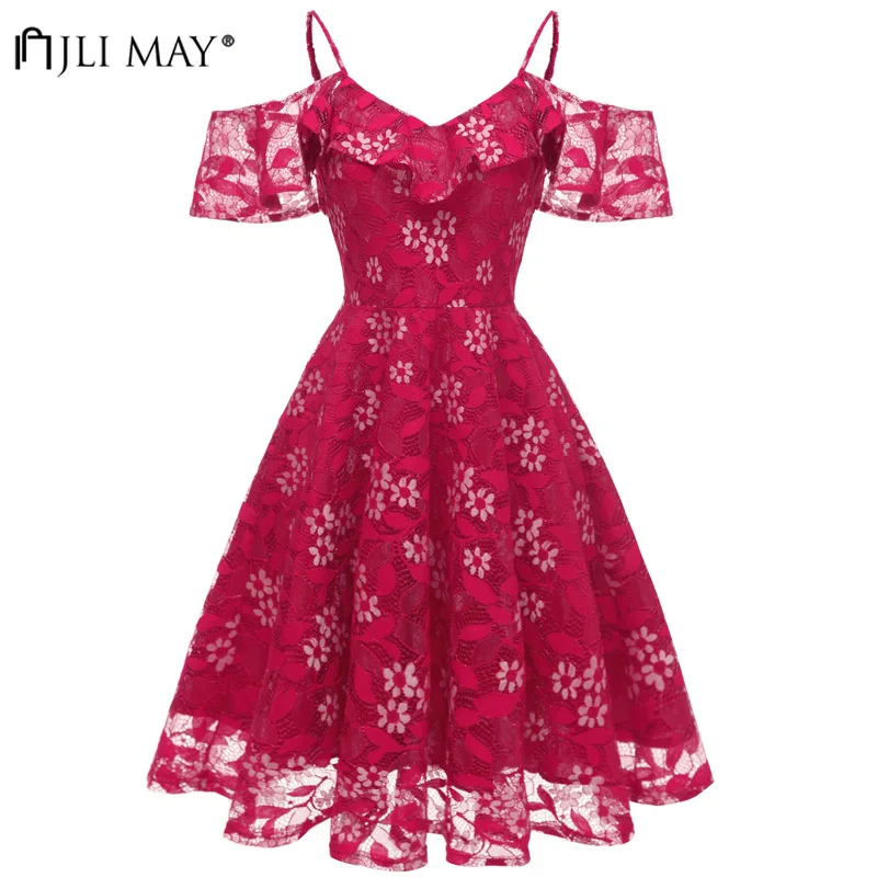 

JLI MAY Off shoulder Cami Floral Lace Dress Women Chiffon Short Sleeve A-Line V-Neck Sexy Wedding Party Elegant Ladies Dresses