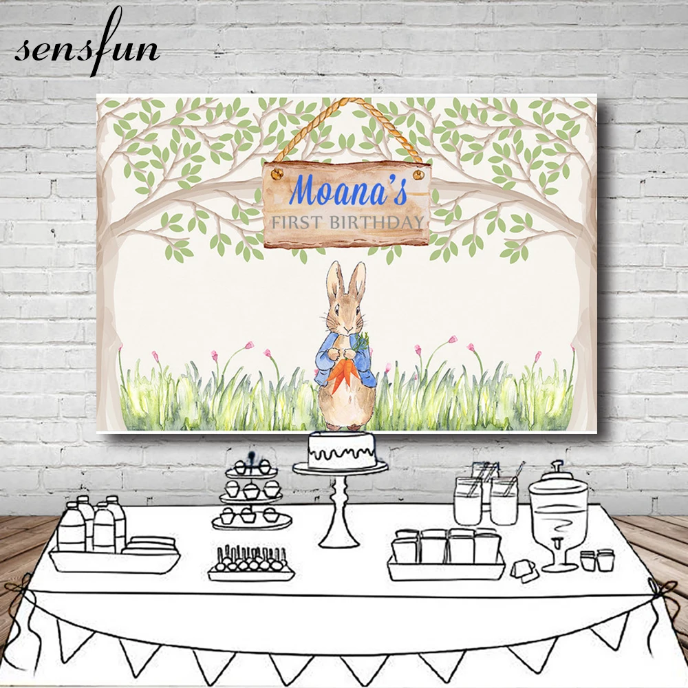 

Cartoon Peter Rabbit Tree Photography Backdrop For Children Baby Shower 1st Birthday Party Backgrounds Photo Both Vinyl Custom