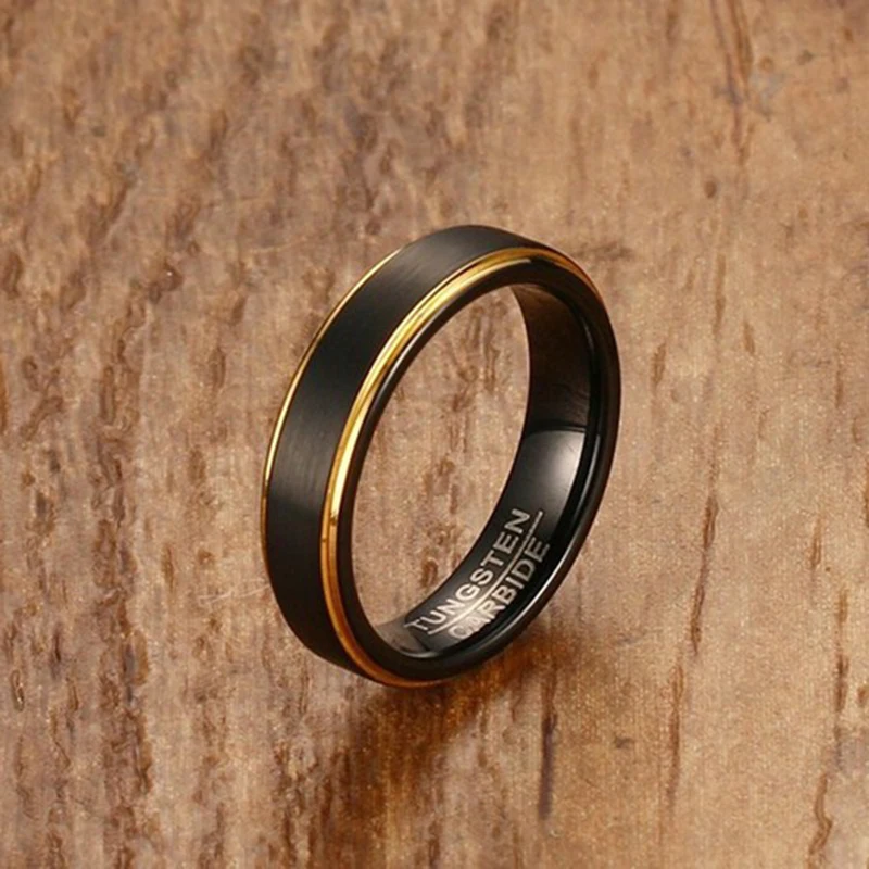5mm Men's Black Tungsten Carbide Ring Engagement Rings Gold Edge Design Matte Brushed Wedding Band Rings Anillos US Size 6 to 12