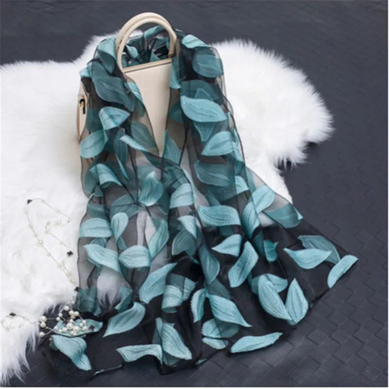 

Summer Beach Wraps Female Long Sunshade Scarves Women Leaves Print Jacquard Organza Scarf Shawls 180*70cm