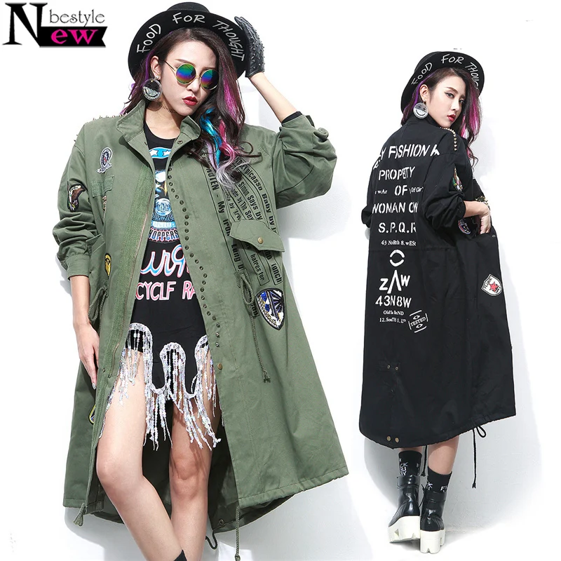 

2019 Embroidery Applique Jacket Coat Women Fashion Rivets Bomber Jacket Women Long Coat Army Green Oversized Cotton Trenchcoat