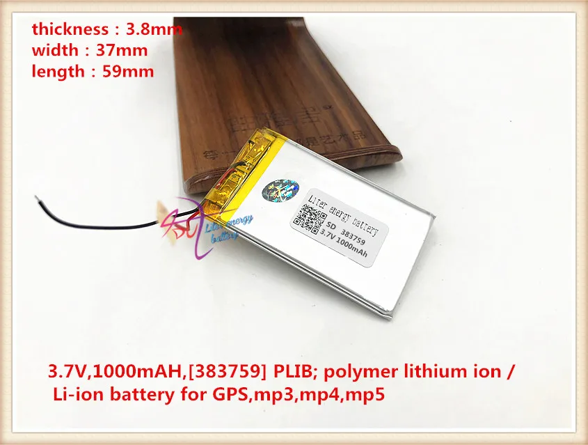 Литий-полимерный аккумулятор 383759 3,7 V lipo аккумулятор 1000mah для MP4 MP5 gps DVD литий-полимерный перезаряжаемый аккумулятор