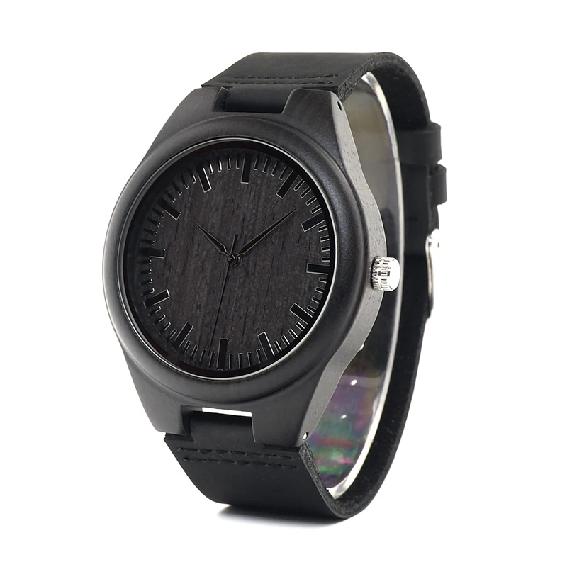 BOBO BIRD WD26 Mens Design Brand Luxury Black Wooden Watches Real Leather Quartz Watch for Men Natural Ebony Wood Drop Shipping