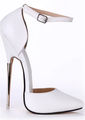 Для женщин пикантные летние сандалии из змеиной кожи; Свадебная вечеринка; Каблук 16 см супер высокий металлический тонкий каблук острый носок блестящие туфли-лодочки; обувь с пряжкой на ремешке - Цвет: White 16cm Heel