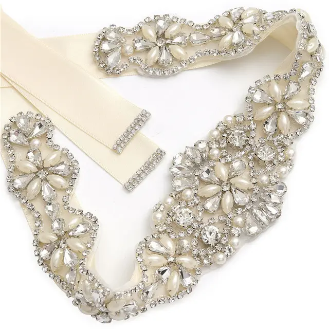 MissRDress Wedding Rhinestones Bridals Belt Pearls Crystal Bridal Belt Jeweled Bridal Sash For Wedding Dresses Pearl Belts JK806 Silver---ivory