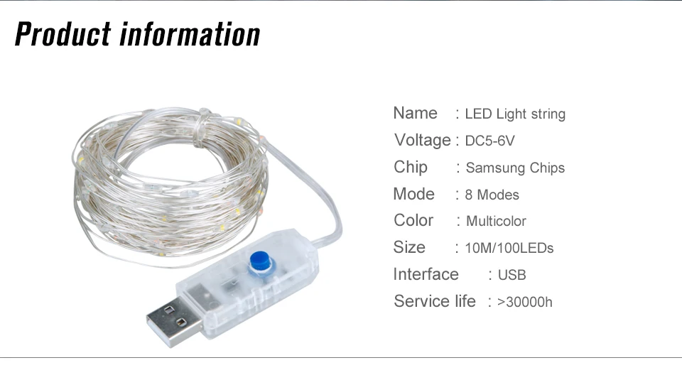 1_02 10M USB Power LED String Copper Wire Waterproof garland Lights for Holiday Party Wedding Christmas Decoration Fairy Lighting