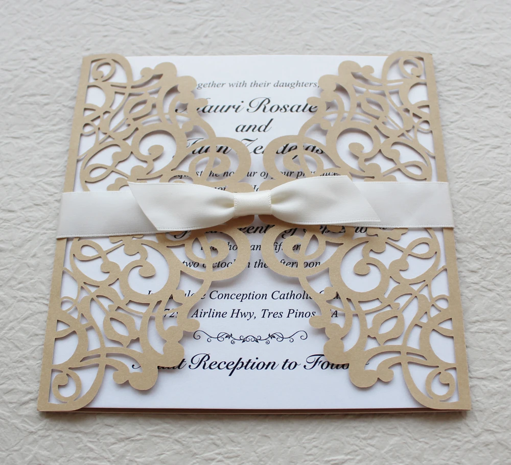 Gold and White Wedding Invitation, Gold Lace Invitation Cards, Ship Worldwide 3 5 Days Pack of