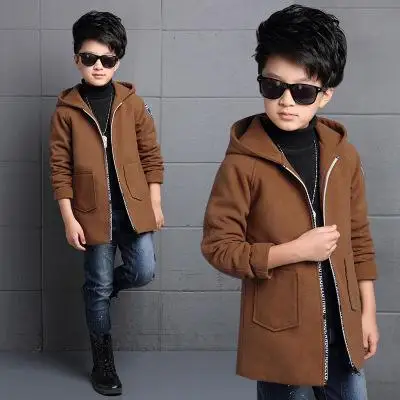 YAUAMDB/детское шерстяное пальто коллекция года, осенне-зимняя От 6 до 17 лет однотонная верхняя одежда для мальчиков хлопковая детская однотонная одежда с капюшоном одежда на молнии, y48 - Цвет: Коричневый