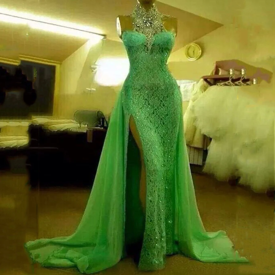 Gorgeous Lime Apple Green Floor Length Strapless High Neck Sequined ...