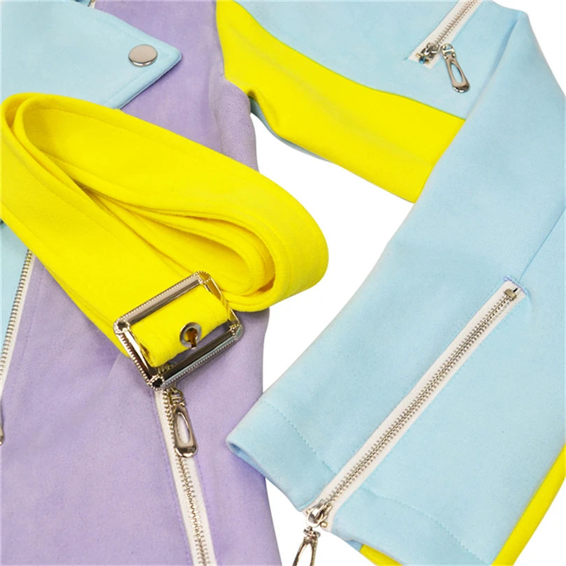 Женская укороченная куртка на молнии MVGIRLRU, цвет голубой/фиолетовый/желтый, замшевые базовые разноцветные куртки, куртка с отворотами и поясом