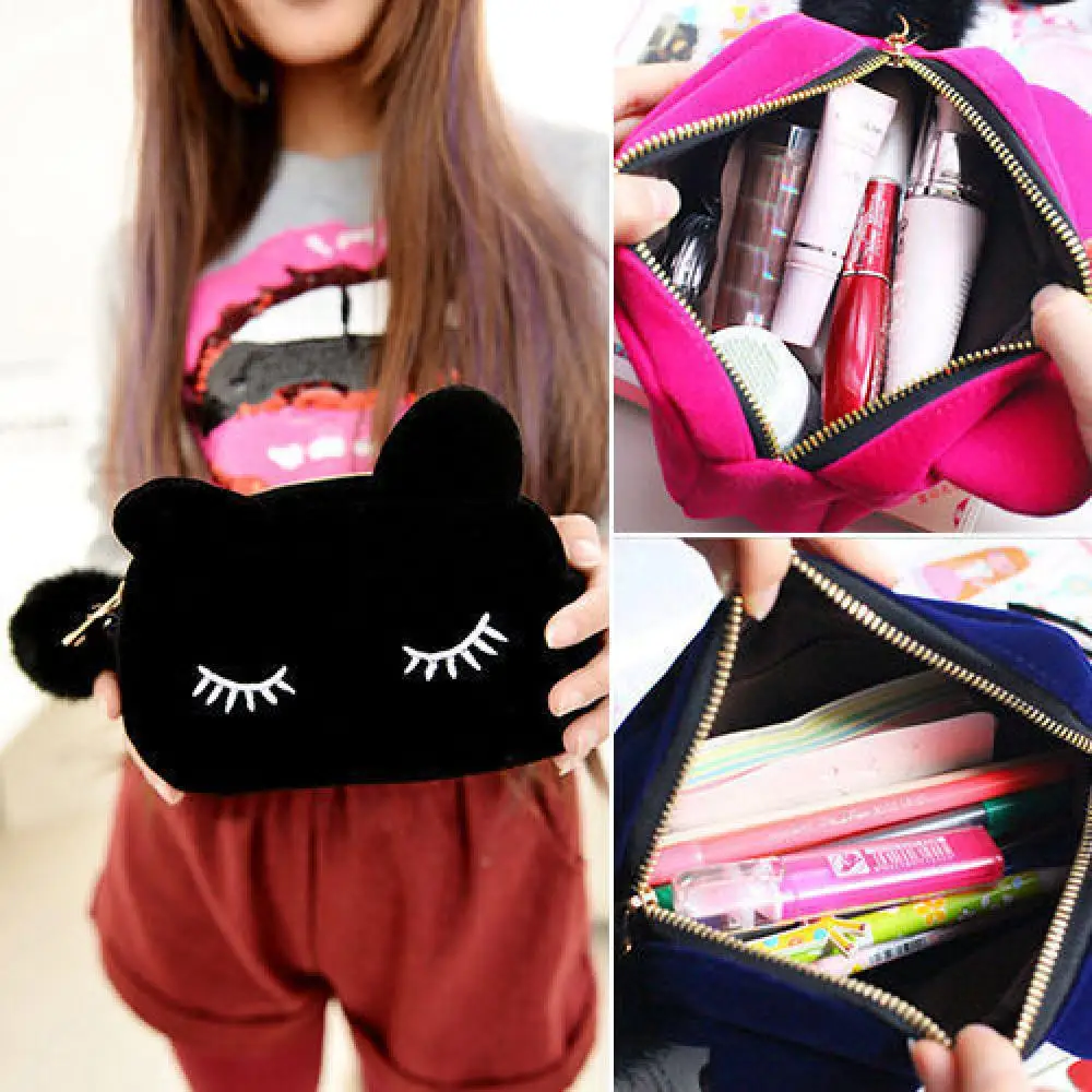 

ISKYBOB Portable Cartoon Cat Coin Storage Case Travel Makeup Flannel Pouch Cosmetic Bag Cases For Women Girls