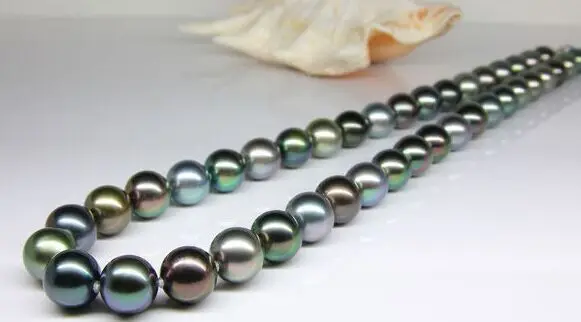 

19" 18"9-10mm Tahitian genuine black peacock green multicolor round pearl necklace (0926)