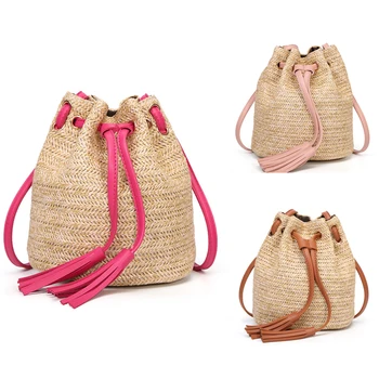 

NEW Straw Bucket Bag Bamboo Top Handle Women Beach Bag Drwastring Summer AU