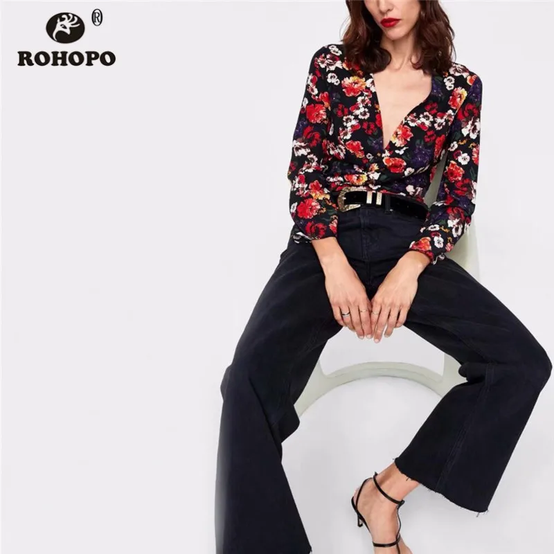 

ROHOPO Autumn Floral Tunic Body suit Ladies Long Sleeve Vintage Printed Outfit Bodysuits Runway Casual Jumpsuit #AZ9027