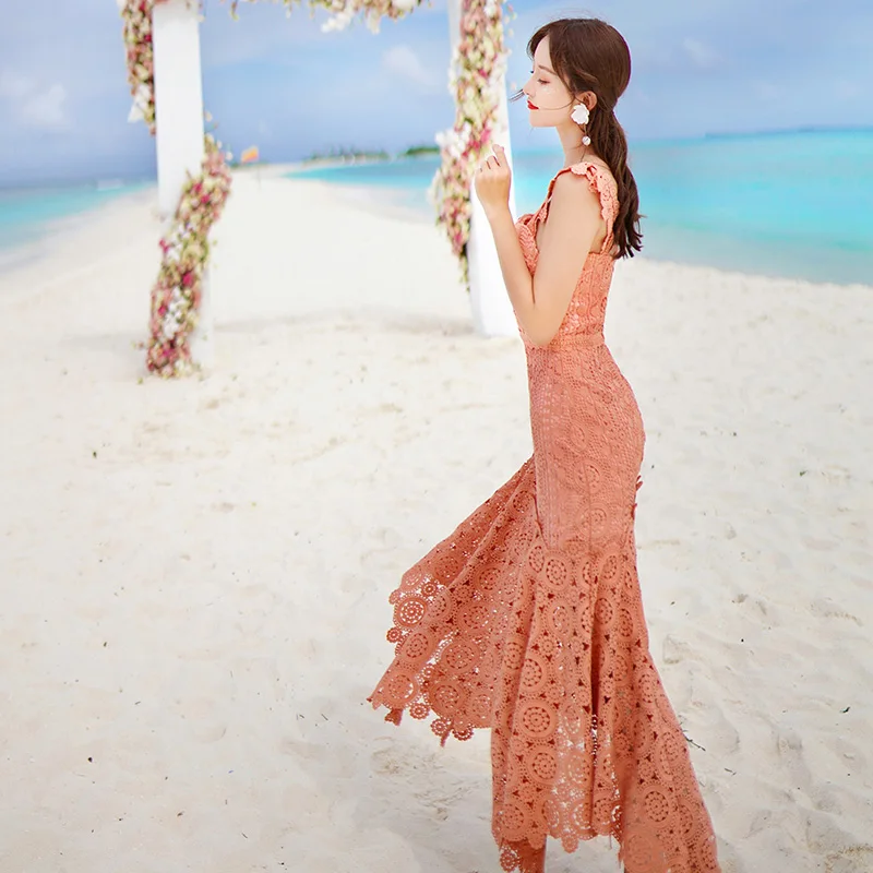 HAMALIEL Women Orange Irregula Lace Dress Runway Summer Halter Strapless Bodycon Long Dress Sexy Hollow Out Crochet Beach Dress