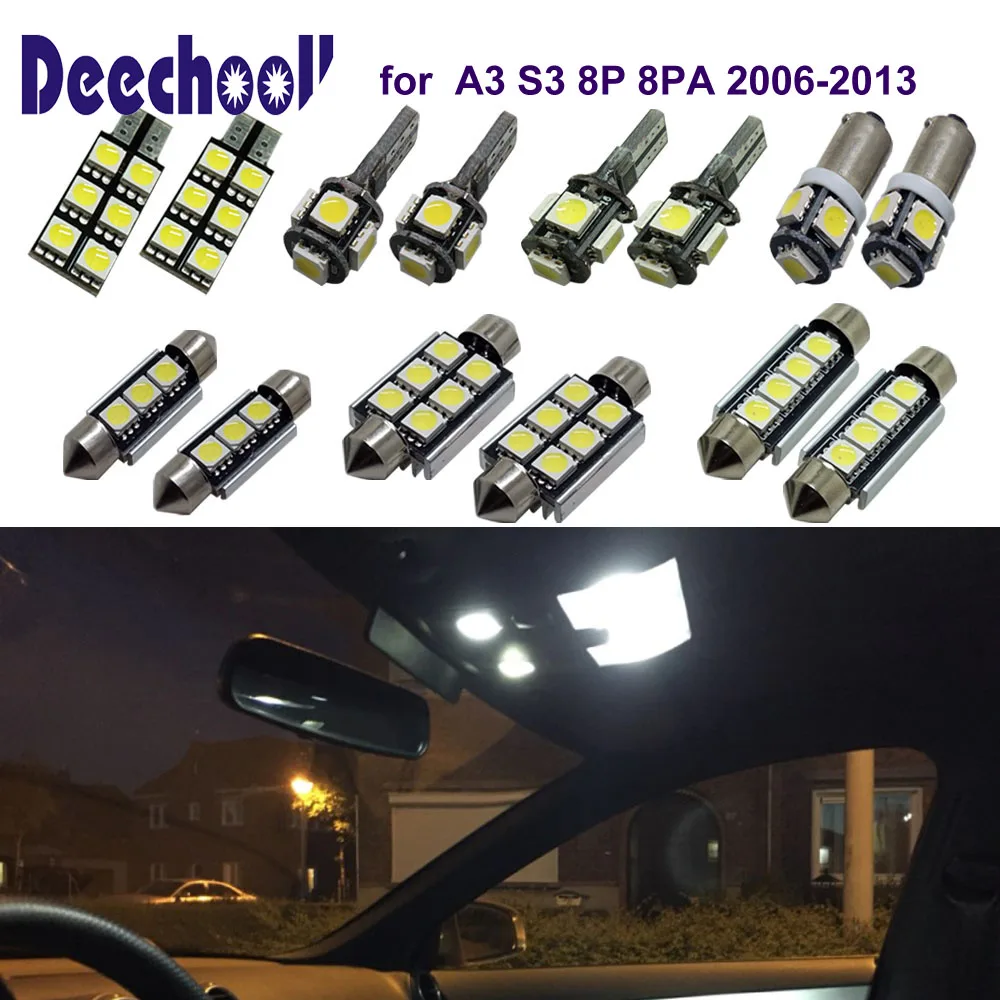 deechooll 16pcs Car LED Light for Audi A3 8P ,Canbus White Interior