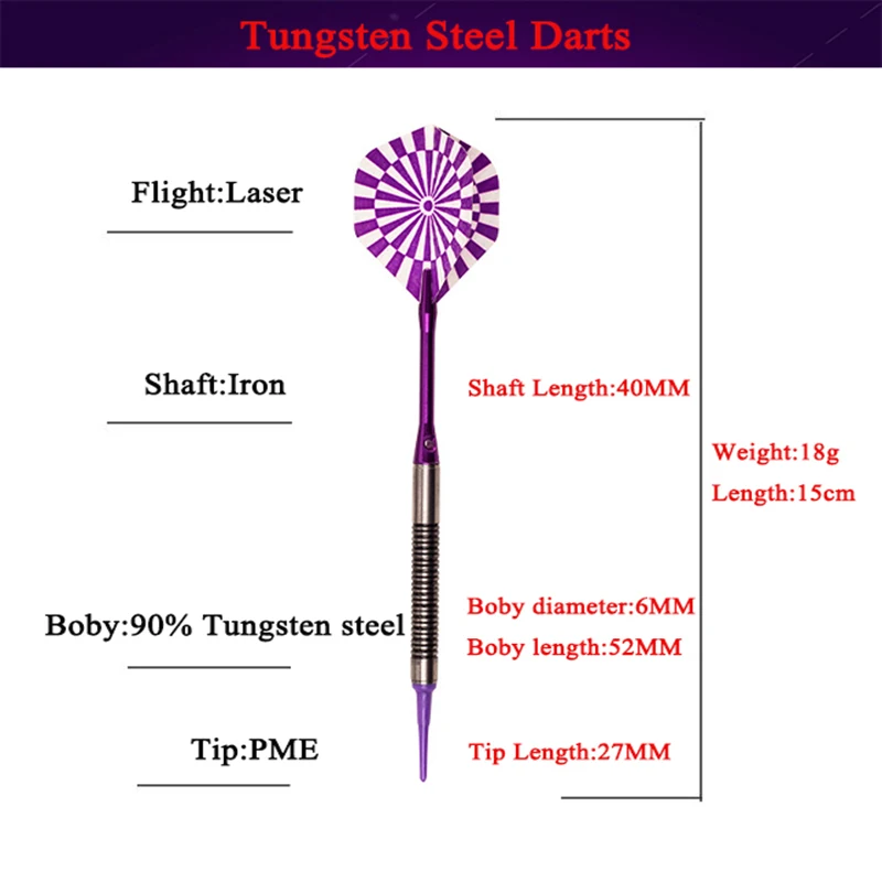 Профессии 90% Вольфрам Сталь Совет Дартс 3 шт./компл. 18 г 2BA фиолетовый цвет лазерной Полета Дротика мягкие Дартс электронный Дартс 9 цвета