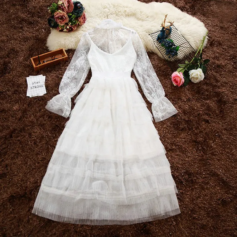 

2019 spring New women High Collar flare Sleeve Lacey Shirt Sling bring silk tassels mesh tiered dress two piece Set Female suits