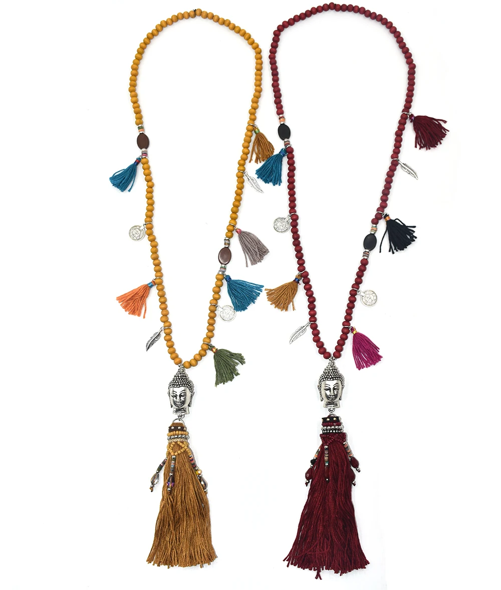 Handmade vintage rosary wooden beads chains long necklace tassel Buddha pendent necklace Tibetan 3D Buddha Buddhism necklace