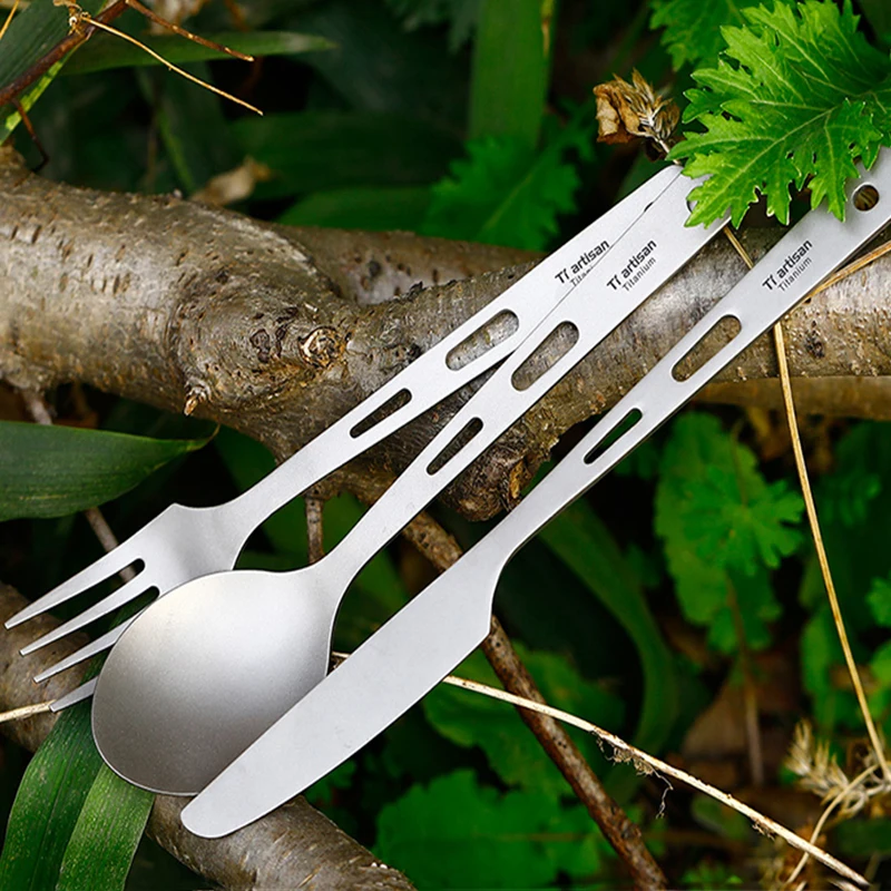 

Tiartisan 3pcs Lightweight Spoon Fork Knife Set Pure Titanium Outdoor Tableware for Camping Picnic Travelling Flatware Ta8106