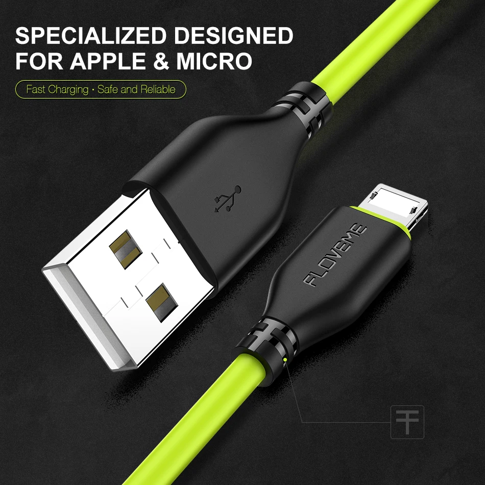 FLOVEME 0,3 м/1 м 2в1 Реверсивный кабель USB с подсветкой для iPhone samsung Xiaomi Кабель зарядного устройства микро-usb TPE 2A Зарядка данных комбо