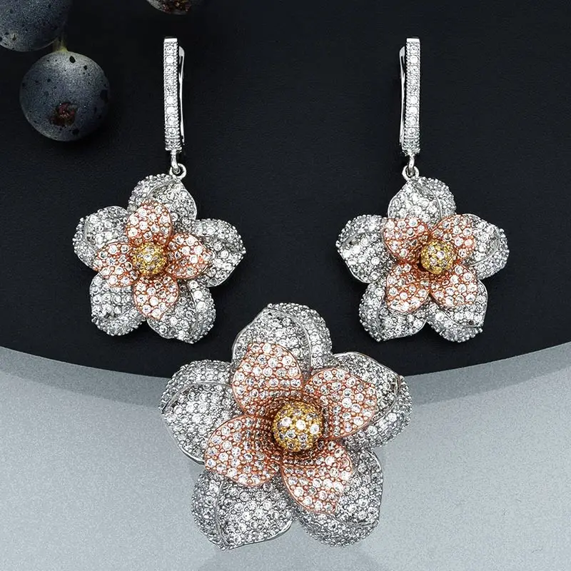 ModemAngel Three Tone Flower Earrings Ring Fashion Jewelry Sets AAA Cubic Zircon Women Wedding Party Bijoux Bijouterie Gift | Украшения и