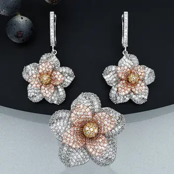 

ModemAngel Three Tone Flower Earrings Ring Fashion Jewelry Sets AAA Cubic Zircon Women Wedding Party Bijoux Bijouterie Gift