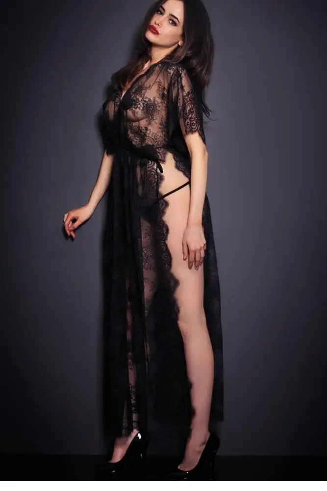 Hot Sexy Black Sheer Lace Robe with Thong LC60683 New Arrival Sleepwear Lingerie Dress font b