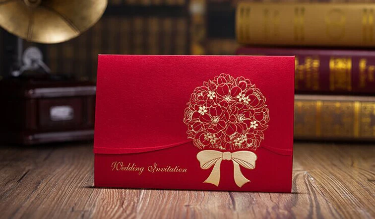 

High Quality Red Wedding Invitation Card 183*123mm Gold-Bronzed Flower 50pcs/lot With Envelopes And Seals For Free