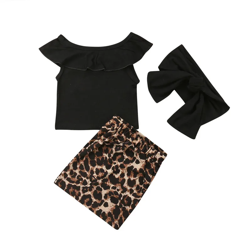 

1-5 Year's Children's Clothing New 2018 Kids Baby Girl Ruffles Black Off-shoulder Tops+Leopard Sexy Skirts Kids Clothes For 1-6Y