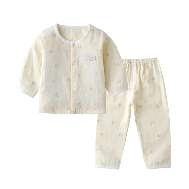 Муслиновый хлопковый летний комплект одежды унисекс с круглым вырезом и пуговицами для младенцев, летняя одежда с длинными рукавами для малышей от 0 до 24 месяцев