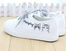Youth Lovely Harajuku White Sneakers Women Summer Hand-Painted Canvas Shoes Fashion Meng Cat Pattern Casual Shoes Zapatos Mujer