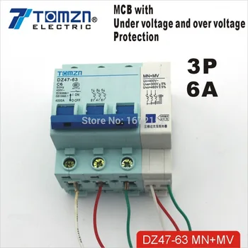 

3P 6A 400V~ 50HZ/60HZ MCB with over voltage and under voltage protection Mini Circuit breaker C45 C type