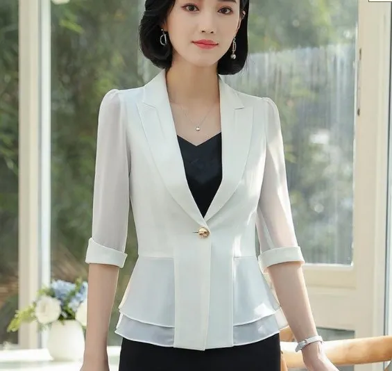 Business Women Pencil Pant Suits Summer 2 Piece Sets Black White Blazer+Pant Office Lady Notched Jacket Female Outfits 4XL 5XL