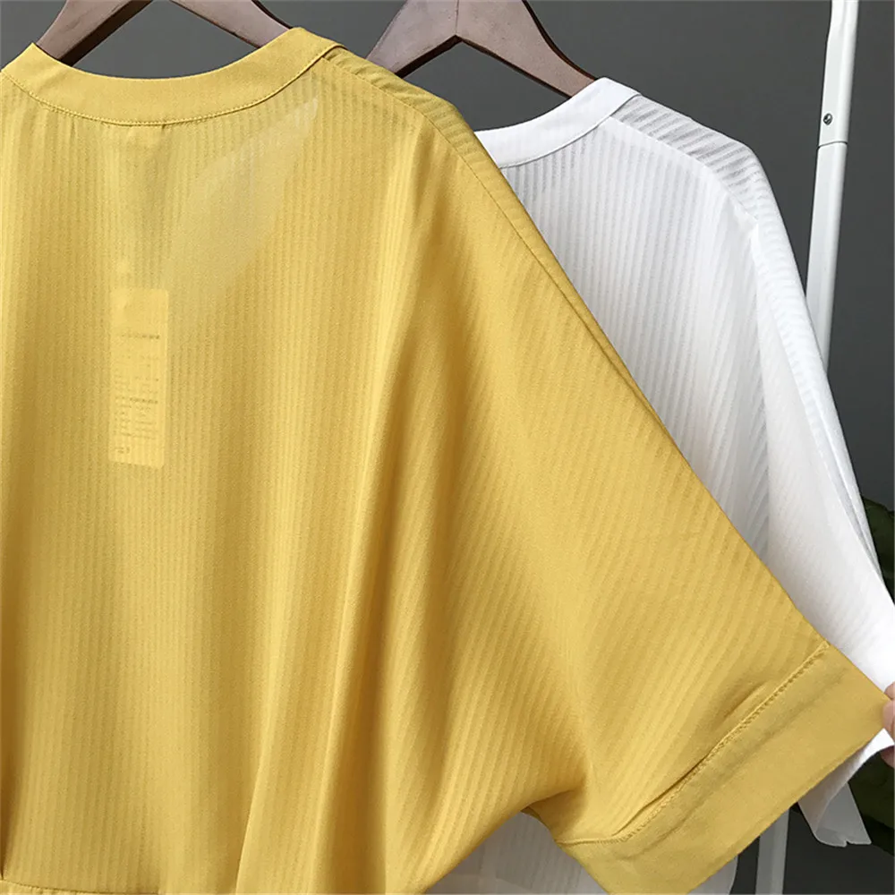 Short Style Loose Chest Women Blouse Shirt 2018 Summer V Neck Casual Short Shirt Chiffon Half Sleeve Dating Blouse campus Shirt (16)