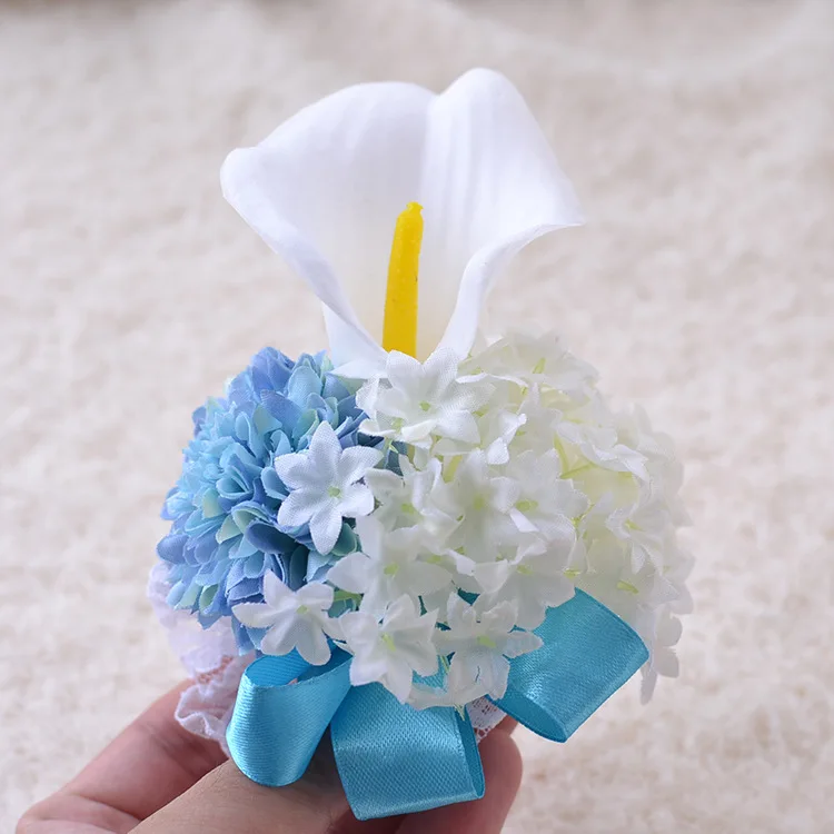 

White With Light Blue Girl Bridesmaid Wedding Wrist Prom Bracelets Corsage Wedding Flower Bracelet Bridesmaid Accessories