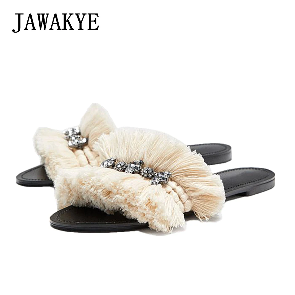 JAWAKYE Стразы с кисточками женские шлепанцы уличные мюли Бежевая обувь бахромой