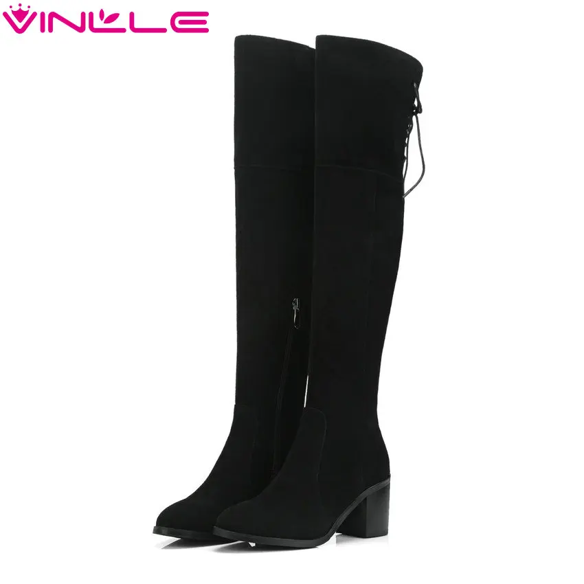 

VINLLE 2019 Women Over The Knee High Boots Cow Suede Fashion Women Shoes Zipper All Match Sblack Sexy Women Shoes Size 34-39