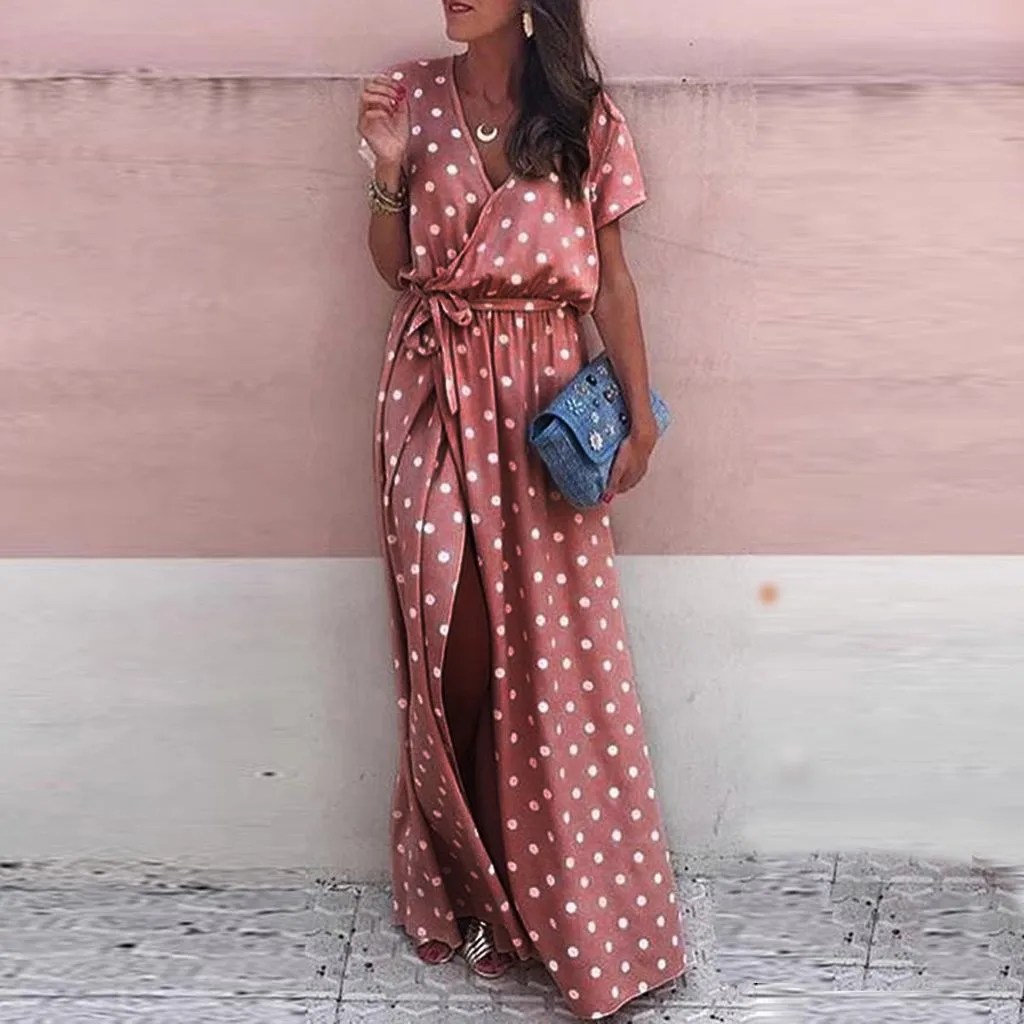 

Summer Boho Dress Women Sexy Pink Dot Point Bow Tie V-Neck Maxi Long Dress Ladies Fork Opening Short Sleeve Long Dress Vestidos