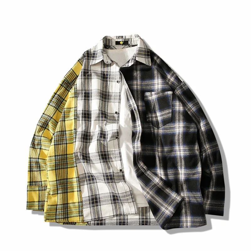 

Men Hip Hop Plaid Shirts Streetwear Color Block Patchwork Shirt Male Autumn Casual Cotton Long Sleeve Shirt Tops
