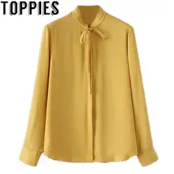 2018 Для женщин одежда с длинным рукавом желтый одноцветное Цвет Шифоновая блузка Галстуки Офисные женские туфли элегантная рубашка