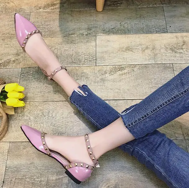 SLHJC Women Summer Autumn Flats Pointed Toe Shallow Mouth Flat Heel Sandals Rivet Shoes Casual Lady