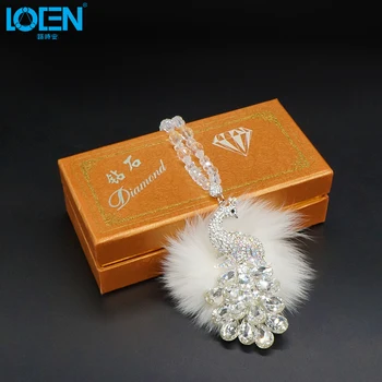 

LOEN Pink Crystal Phoenix Diamond Fluffy Fur Ball Car Auto Rearview Mirror Hanging Ornament Car Pendant Car Interior Decoration