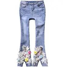 Весна-Осень, новые модные джинсы с вышитыми цветами, женские расклешенные брюки длиной до щиколотки с разрезом и блестками