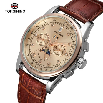 

FSG319M3T5 Forsining Automatic self-wind dress champagne color wrist watch with moon phase for men watch with complete calendar