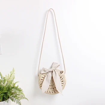 

24x24CM Japanese Style Straw Wrapped Woven Beach Bag Round Openwork Bow Girl Heart Messenger Bags Female Small a5364